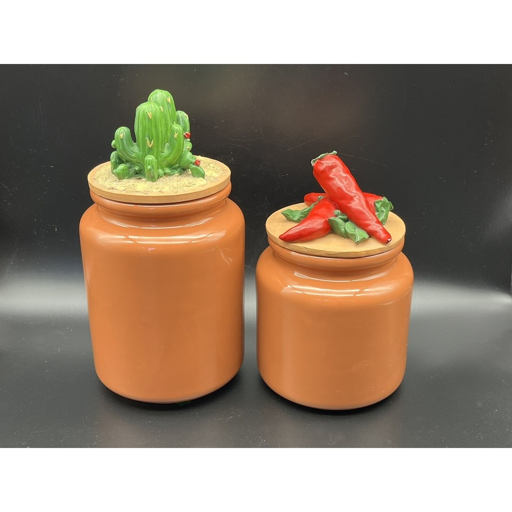 Vintage Clay Art Jalapeno & Cactus 2 Piece Canisters Set W/Lid Vase